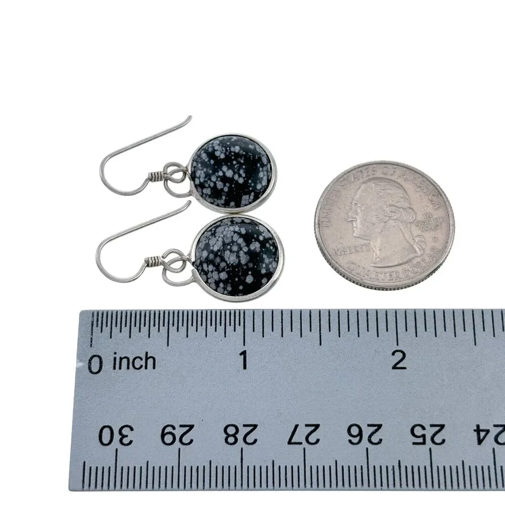 Vintage Sterling Silver Snowflake Obsidian Dangle Earrings